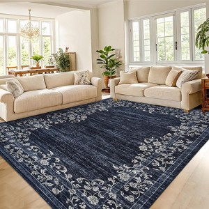 Washable Floral Print Area Rug with Bordered Design, Non-Slip, Ultra-Thin, Stain Resistant Floor Carpet for Living Room, Bedroom & Office - 1 of 4