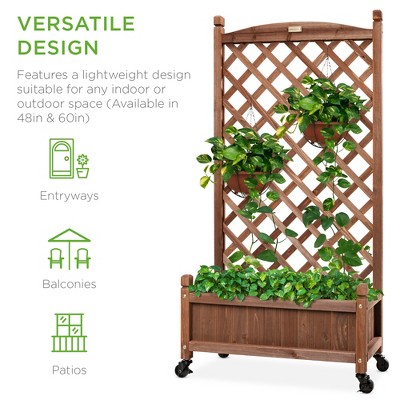 Walnut Finish Mobile Wood Planter Box with Diamond Lattice Trellis - 48"