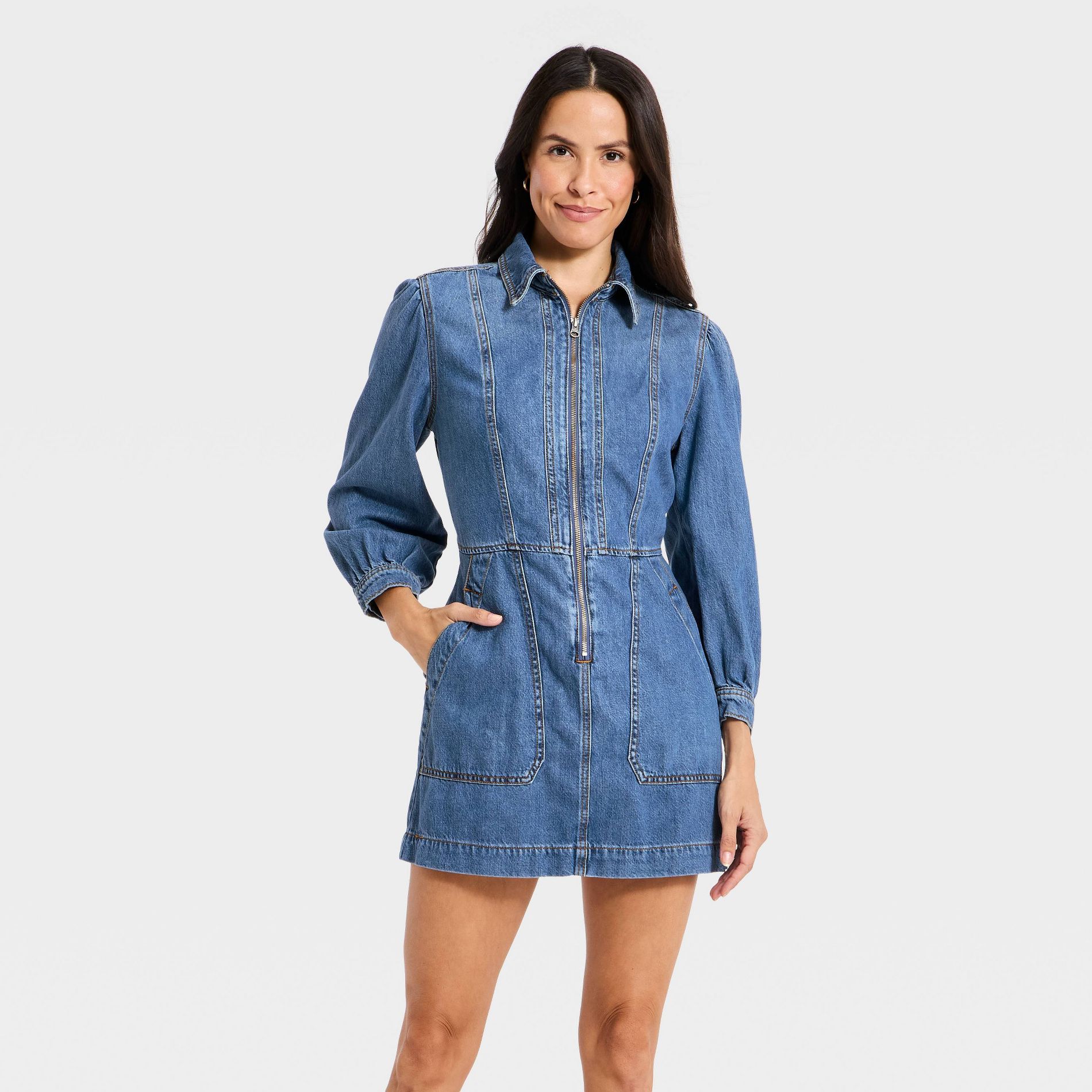 Women's Long Sleeve Zip Front Midi Denim Dress - Universal Thread™ Medium Wash
