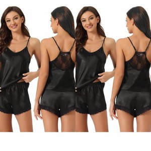 INSPIRE CHIC Women's 2 Pcs Satin Sleeveless Lace Trim Shorts Silky Short Pajama Sets - 1 of 4