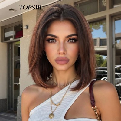 Jessie's Wig 10 Inch Bob Lace Wigs Synthetic Hair 13*6 Lace Copper Brown With Black Roots 1 Pc/Pack