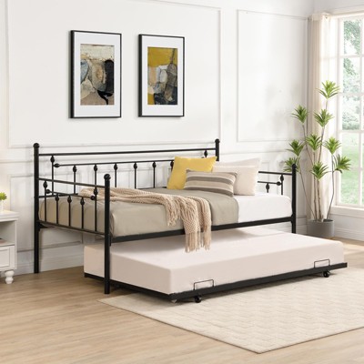 Metal Daybed, Twin Size Couch Pull Out Trundle Sofa Bed, 2 in 1 Daybed Sofa Bed Frame for Bedroom Living Room Guest Room Office