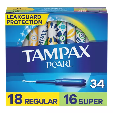 Tampax Pearl Tampons Regular/Super Absorbency with LeakGuard Braid -Duo Pack - Unscented - 34ct, image 1 of 12 slides