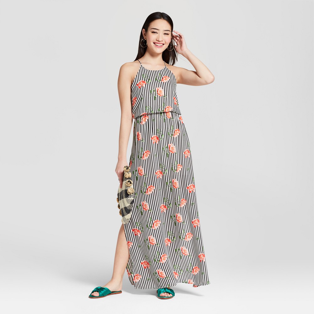 Women's Striped Floral High Neck Maxi Dress - Everly Clothing (Juniors') Black M, Size: Small was $44.99 now $13.49 (70.0% off)