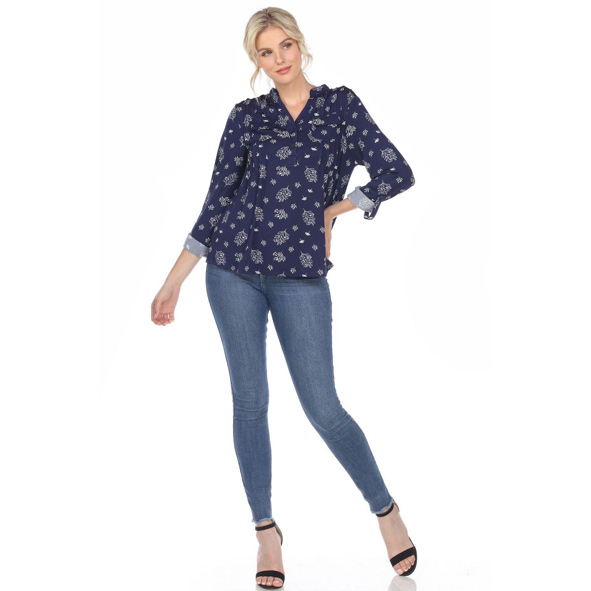 Women's Pleated Long Sleeve Leaf Print Blouse - White Mark - thumbnail 9