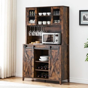 70"Farmhouse Wine&Coffee Bar Cabinet with Hutch,Tall Storage Pantry with Sliding Barn Doors,Wine Bottle/Glass Racks, Buffet for Dining Room/Home Bar - 1 of 4