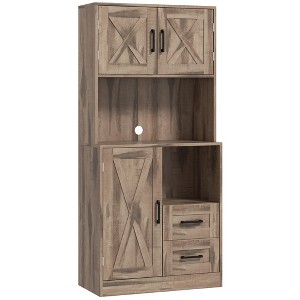 60" Kitchen Pantry Storage Cabinet, Farmhouse Kitchen Hutch with Microwave Oven Countertop, Adjustable Shelves - 1 of 4