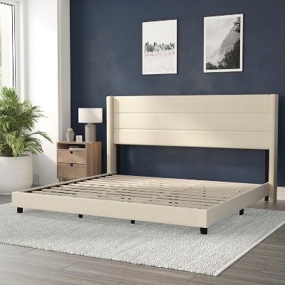 Hollis King-Sized Beige Faux Linen Upholstered Platform Bed with Wingback Headboard