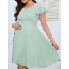 Maternity Swiss Dot Dress Summer V Neck Casual Short Sleeve Flowy Midi Dress Belt Photoshoot Baby Shower - 3 of 4