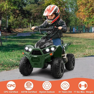 Costway 12V Ride On ATV Battery Powered Electric Vehicle for Kids with Tread Tires Forward/Backward Horn Music Lights High/Low Speed Green