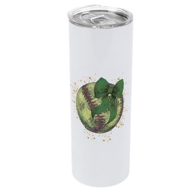 Elanze Designs 20 Ounce Stainless Steel On the Go Travel Tumbler With Push Top Lid, Softball With Green Bow