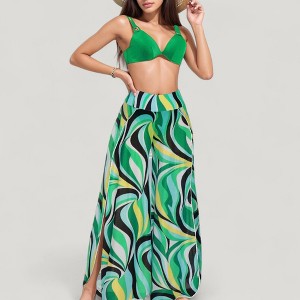 Anna-Kaci Swim Women's Three-Piece Swimsuit Set with Bikini Top High Waist Bottom and Sheer Abstract Print Wide Leg Pants - 1 of 4