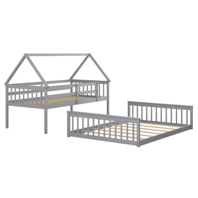 Infans Twin Over Full House Bunk Bed with Ladder & Guardrails Convertible to 2 Beds