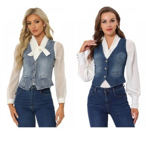 INSPIRE CHIC Women's Denim Sleeveless V Neck Button Down Casual Waistcoat Vest 2 Packs - 1 of 4