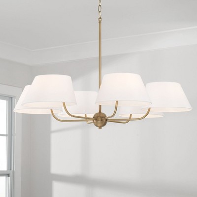 Aged Brass 6-Light Chandelier with White Fabric Drum Shades