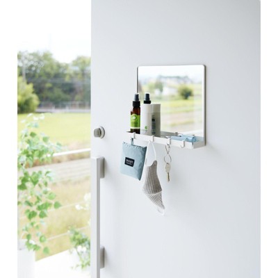 White Glass Magnetic Mirror with Storage Rack and Hooks