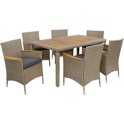 Sunnydaze Outdoor Rattan and Acacia Wood Foxford Patio Dining Set with Table, Chairs, and Seat Cushions - Gray - 7pc