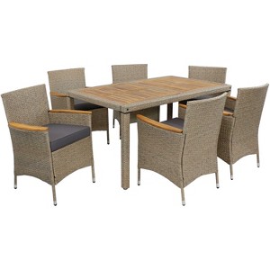 Sunnydaze Outdoor Rattan and Acacia Wood Foxford Patio Dining Set with Table, Chairs, and Seat Cushions - Gray - 7pc - 1 of 4