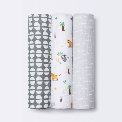 Muslin Swaddle Blankets Jungle - Cloud Island™ Gray 3pk