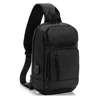 14-16 Inch Sling Bag for Men, Black Crossbody Daypack with USB Charging Port, Fits 10.2 Inch iPad, Casual Travel Shoulder Bag