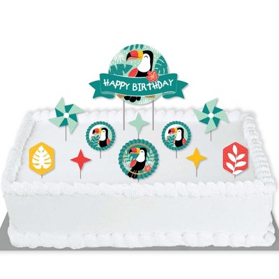 Big Dot of Happiness Calling All Toucans - Tropical Bird Birthday Party Cake Decorating Kit - Happy Birthday Cake Topper Set - 11 Pieces