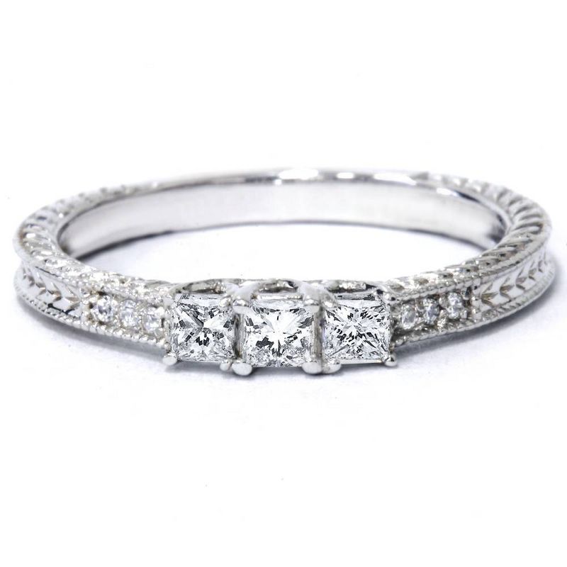 Pompeii3 1/4ct Vintage Three Stone Princess Cut Diamond Engagement Ring 14K White Gold, 4 of 6