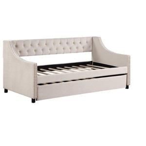 Daybed with Trundle Polyester Tufted Sofa Bed, with Button and Copper Nail on Arms full Size Beige - 1 of 1