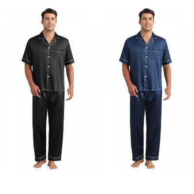 INSPIRE CHIC Men's 2 Pack Satin Pajamas Sets Classic Short Sleeve Sleepwear