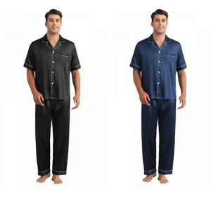 INSPIRE CHIC Men's 2 Pack Satin Pajamas Sets Classic Short Sleeve Sleepwear - 1 of 4
