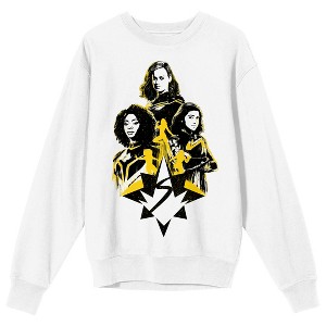 The Marvels Photon, Ms. Marvel, Captain Marvel Adult White Crew Neck Sweatshirt - 1 of 3