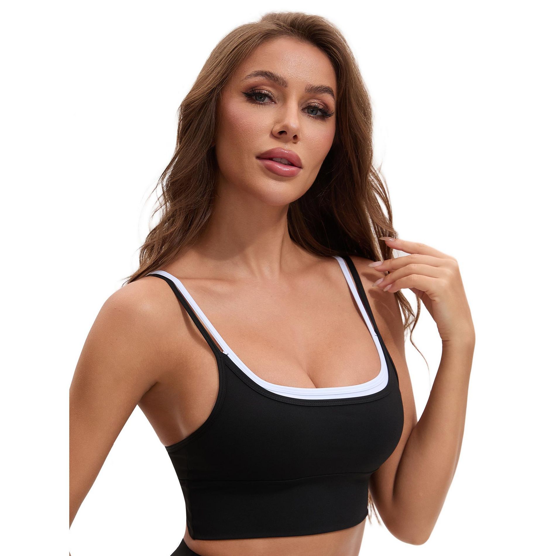 INSPIRE CHIC Women's Double Spaghetti Strap Longline Full Coverage Workout Padded Sports Bras