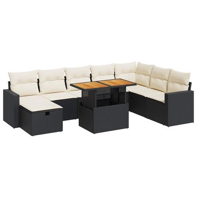 vidaXL Garden Sofa Set Brown Poly Rattan Large Adjustable Feet - Black and Cream with Storage
