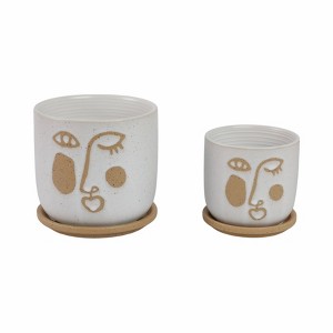 Sagebrook Home 2pc Funky Face Ceramic Planter Pots with Saucers: Weather-Resistant, Hand-Painted - 1 of 4