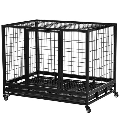 Heavy Duty Black Metal Rolling Dog Crate with Tray