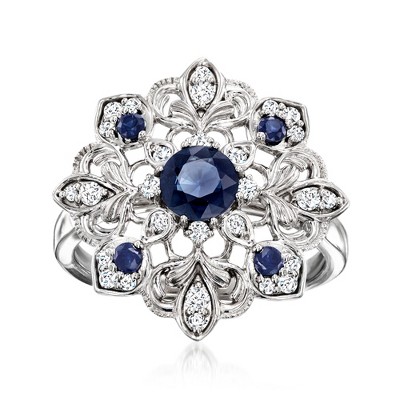 Ross-Simons 0.70 ct. t.w. Sapphire and .30 ct. t.w. Diamond Milgrain Ring in Sterling Silver