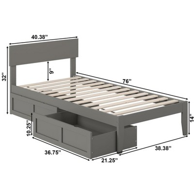 Gray Twin Wood Platform Bed with Storage Drawers