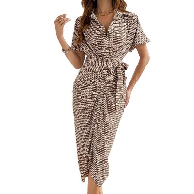 Women Button Down Dresses V-neck Short Sleeve Midi Shirt Dress with Belt