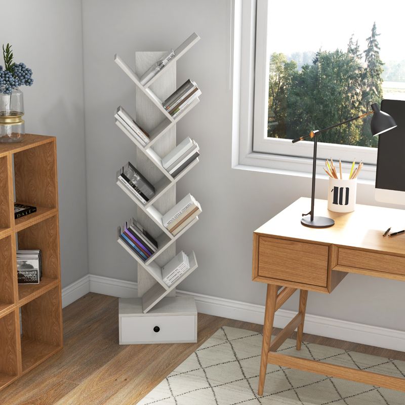 Tangkula 10-tier Tree-shaped Bookshelf with Drawer 59” Wood Bookshelf w/ 10 Compartments Home Organizer Display Shelf Beige/Brown, 4 of 11