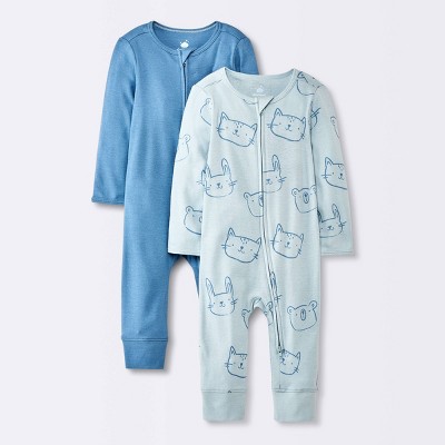 Image of Baby Boys' 2pk Cotton Zip Romper - Cloud Island™ Blue 6-9M
