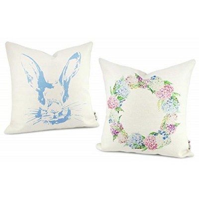 AuldHome Design 16 x 16 Spring Throw Pillow Covers, 2pc Set, Vintage Bunny and Flower Farmhouse Style Cushion Covers for Spring Decor