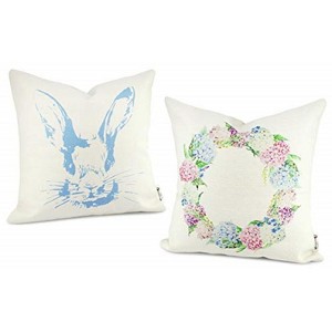 AuldHome Design 16 x 16 Spring Throw Pillow Covers, 2pc Set, Vintage Bunny and Flower Farmhouse Style Cushion Covers for Spring Decor - 1 of 4