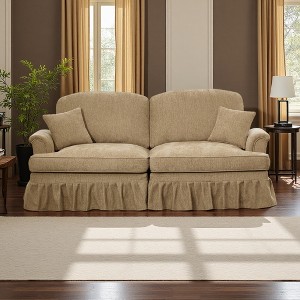 Elegant Mid-Century Chenille 2-Seater Sofa with Flared Arms, Skirt & Spindle Legs - 1 of 4