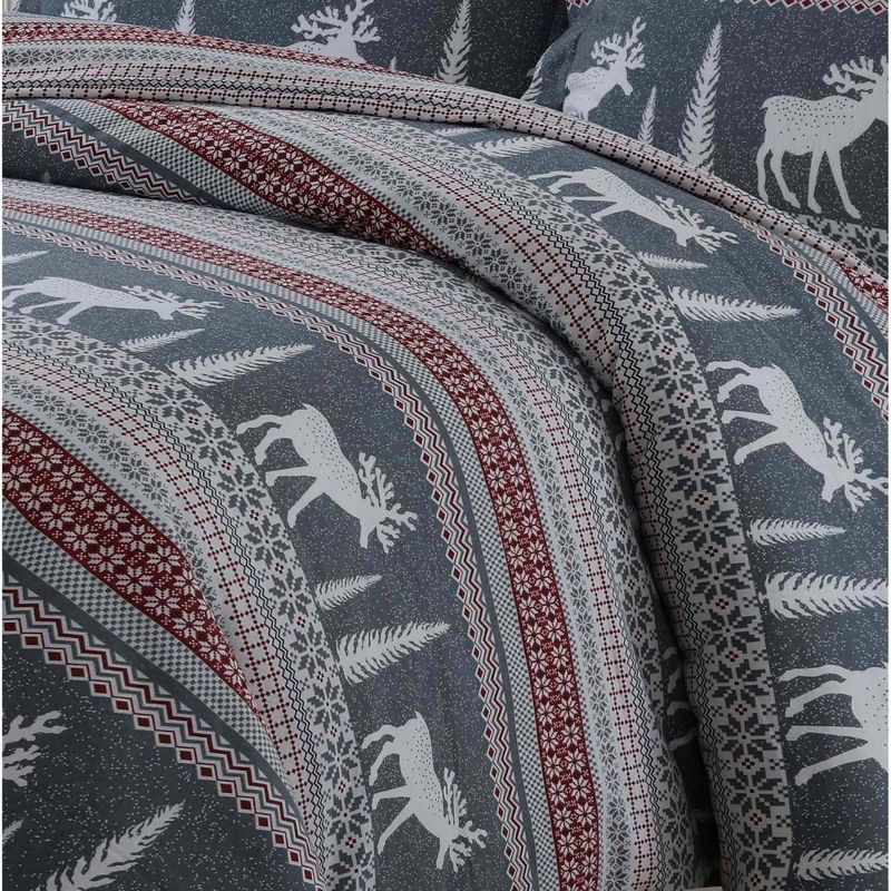 Winter Reindeer Cotton Flannel Printed 3pc Oversized Duvet Set - Tribeca Living, 3 of 4