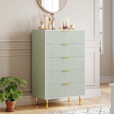 5 Drawer Fluted Wood Dresser for Bedroom, 29.5" Wide Large Modern Chest of Drawers, White Dresser with Gold Handle, TV Stand
