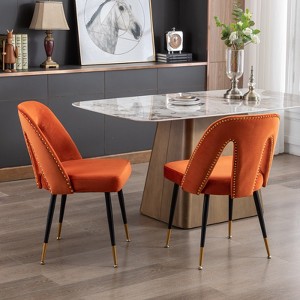 Vynxaria Set of 2 Contemporary Dining Chairs, Orange Velvet Upholstered with Nailhead Trim, Gold-Tipped Black Metal Legs for Dining Room/Kitchen - 1 of 4