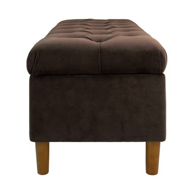 Chocolate Brown Velvet Tufted Storage Bench with Honey Oak Legs