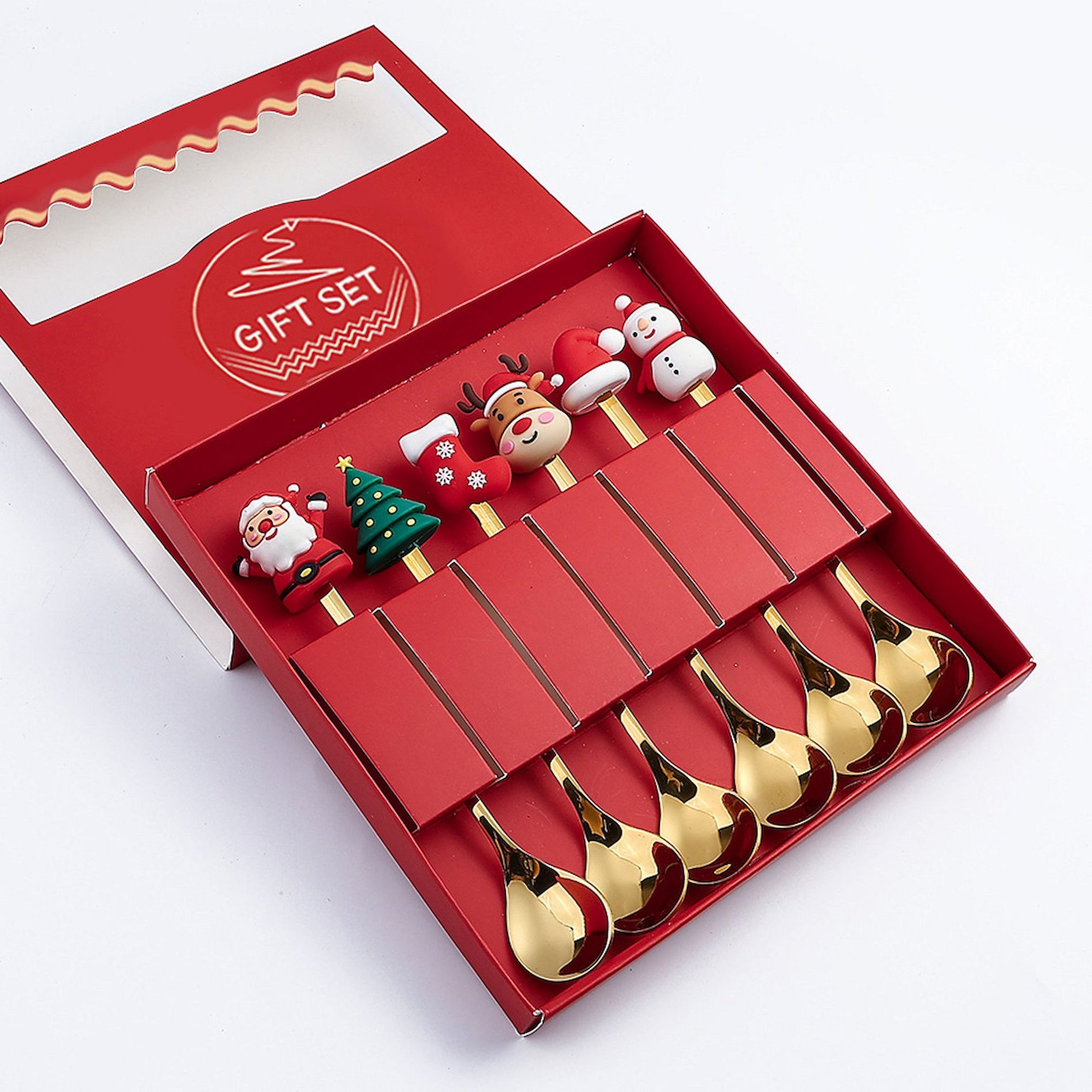 6-Piece Christmas Theme Cartoon Style GOLD Stainless Steel Coffee/Tea/Dessert SPOON Gift Set