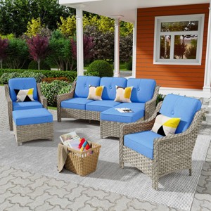 XIZZI 5 Pieces Wicker Furniture, Outside Conversation Set, 3-Seat Sofa with Cushion, High Back Rattan Chairs and Ottomans for Garden Backyard - 1 of 4