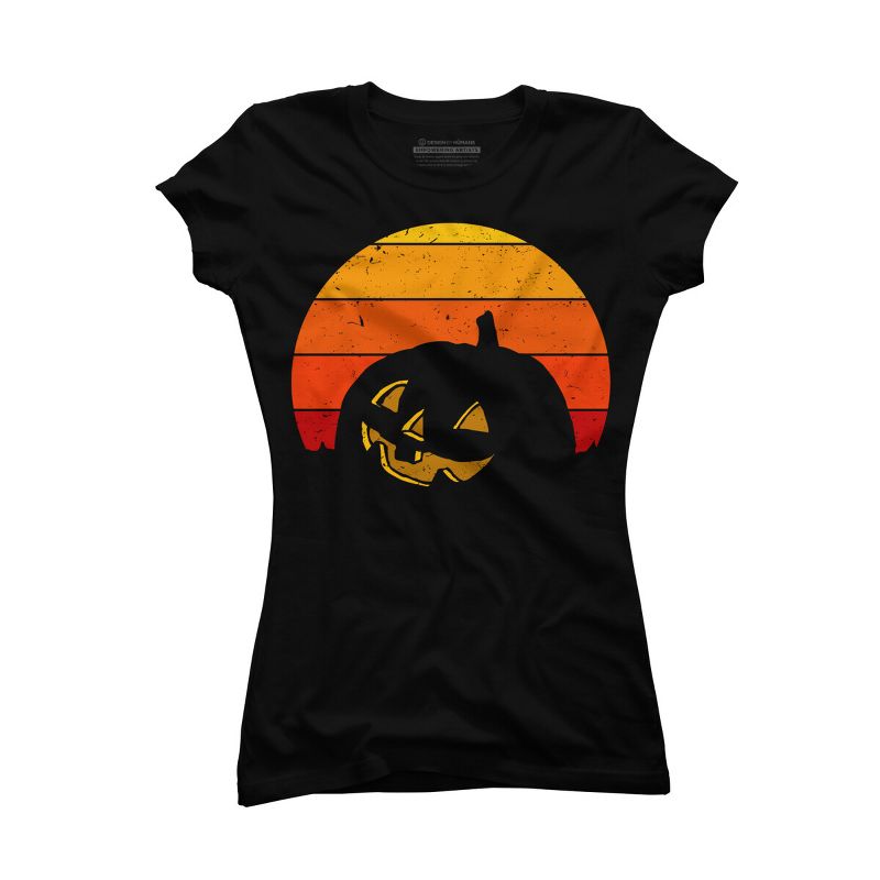 Junior's Design By Humans Vintage Retro Sunset Halloween Pumpkin I By lemonpepper T-Shirt, 1 of 4