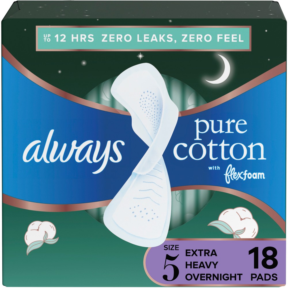 Always Extra Heavy Overnight Pure Cotton Pads with Wings - Size 5 - 18ct